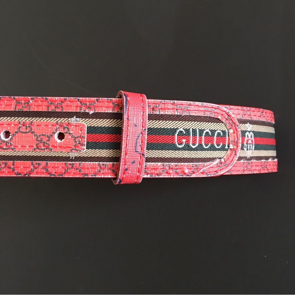 Gucci Leather Belt Red Green Beige Interlocking G Buckle 37-41 Waist - Picture 7 of 16